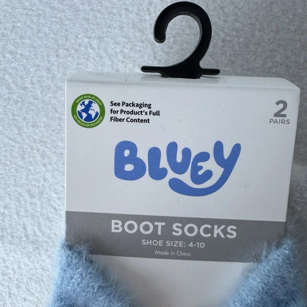 New Bluey Boot Socks Cozy Fuzzy Socks Pom Pom 2 Pairs Shoe Size 4-10 Blue White